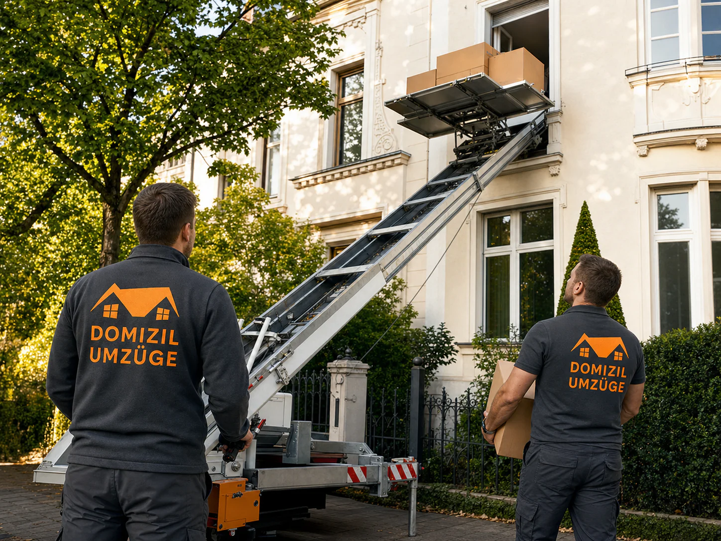 Möbellift mieten in München: Domizil Umzüge im Einsatz vor einem Wohnhaus.